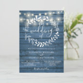 Blue Rustic Wood Floral String Lights Wedding Kaart (Staand voorkant)