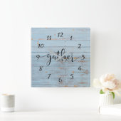 Blue Rustic Wood Gather Farmhouse Rustic Vierkante Klok (Huis)