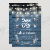 Blue Rustic Wood Mason Jar String Lights Floral Save The Date (Voorkant / Achterkant)