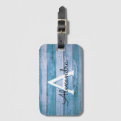 Blue Rustic Wood Monogram Naam en Initiaal Bagagelabel (Voorkant (verticaal))