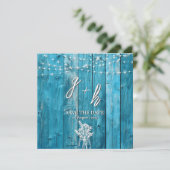 Blue Rustic Wood String Lights Chic Save the Dates (Staand voorkant)