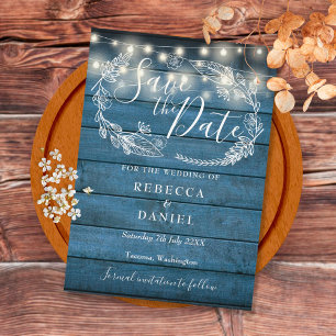 Blue Rustic Wood String Lights Handgetekende Flora Save The Date