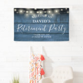 Blue Rustic Wood String Lights Retirement Party Spandoek (Insitu)