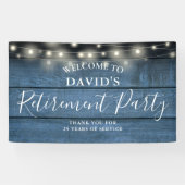 Blue Rustic Wood String Lights Retirement Party Spandoek (Horizontaal)