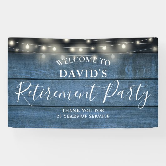 Blue Rustic Wood String Lights Retirement Party Spandoek (Horizontaal)