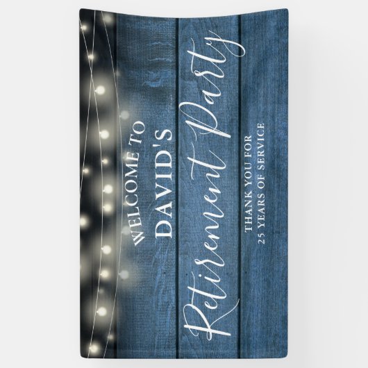 Blue Rustic Wood String Lights Retirement Party Spandoek (Verticaal)