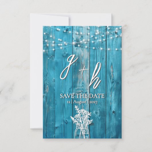 Blue Rustic Wood String Lights Save the Dates Date (Voorkant)