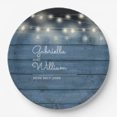 Blue Rustic Wood String Lights Weddenschap Papieren Bordje (Voorkant)