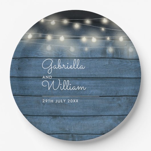 Blue Rustic Wood String Lights Weddenschap Papieren Bordje (Voorkant)