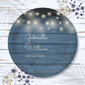 Blue Rustic Wood String Lights Weddenschap Papieren Bordje