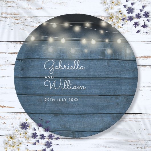 Blue Rustic Wood String Lights Weddenschap Papieren Bordje