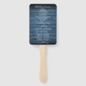 Blue Rustic Wood String Lights Wedding Programme Handwaaier (Achterkant)