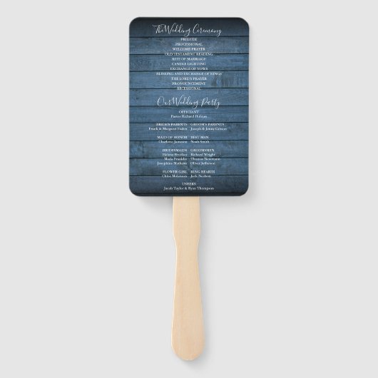 Blue Rustic Wood String Lights Wedding Programme Handwaaier (Achterkant)