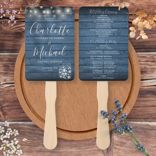 Blue Rustic Wood String Lights Wedding Programme Handwaaier