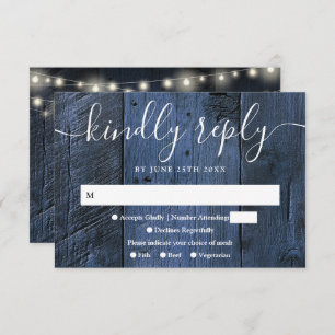 Blue Rustic Wood String Lights Westerne bruiloft RSVP Kaartje
