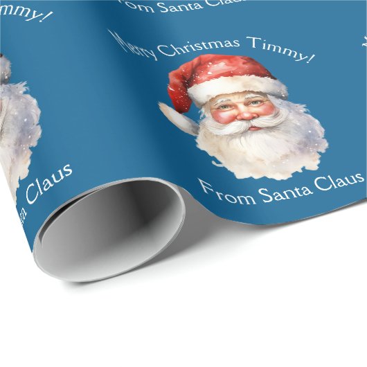 Blue Santa Claus Gepersonaliseerde Kinder Kerst Cadeaupapier (Rol Hoek)
