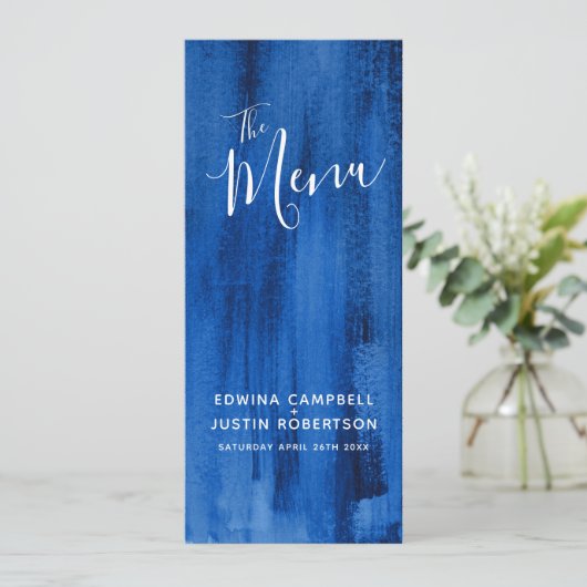 Blue Sapphire moderne art abstrait menu mariage (Debout devant)