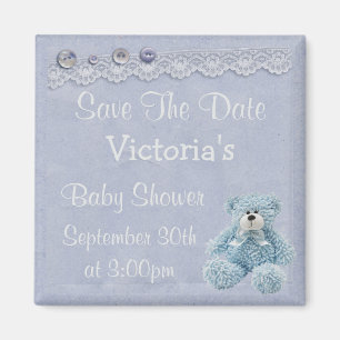 Blue Save the Date Teddy Bear Baby Boy Shower Magneet