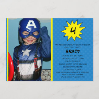Blue Save the Day Superheld Photo Birthday Party Kaart