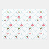 Blue Scallop Tegel Holly Branch Christmas Inpakpapier Vel (Voorkant)