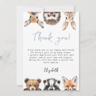 Blue Schattige Woodland Forest Animals Baby shower Bedankkaart