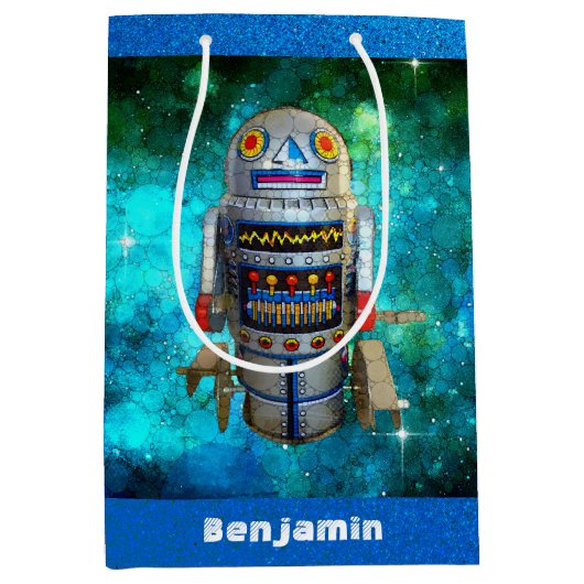 Blue Sci Fi retro speelgoed robot galaxy aangepast Medium Cadeauzakje (Voorkant)