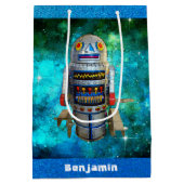 Blue Sci Fi retro speelgoed robot galaxy aangepast Medium Cadeauzakje (Achterkant)