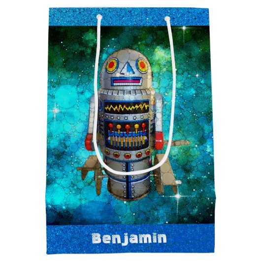 Blue Sci Fi retro speelgoed robot galaxy aangepast Medium Cadeauzakje (Achterkant)