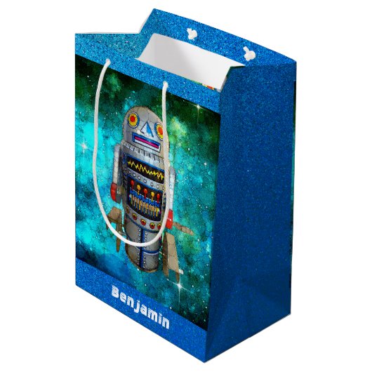 Blue Sci Fi retro speelgoed robot galaxy aangepast Medium Cadeauzakje (Achterkant Gekanteld)