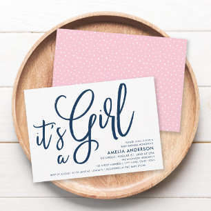 Blue Script en Pink Het is een meisje Baby shower Kaart