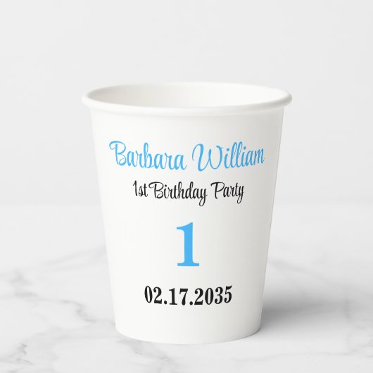 ​Blue Script First Birthday Custom Party Papieren Bekers (Achterkant)