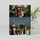 Blue Script Folie Afstuderen Fotoaankondiging Folie Uitnodiging (Staand Voorkant)