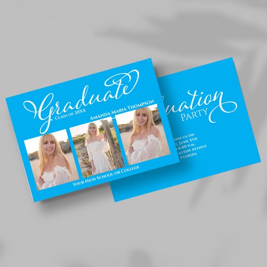 Blue Script Photo Collage Graduation Announcement Kaart