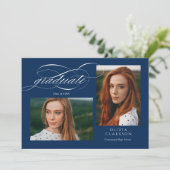 Blue Script QR Code 3 Photo Graduation Party Kaart (Staand voorkant)