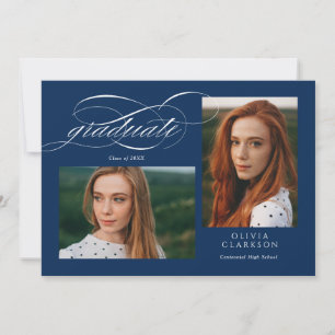 Blue Script QR Code 3 Photo Graduation Party Kaart