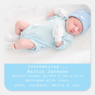 Blue Script Sweet Modern Boy Geboortefoto Vierkante Sticker
