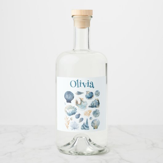 Blue Sea Shells Liquor Label | Custom Name Likeurfles Etiket (Voorkant)