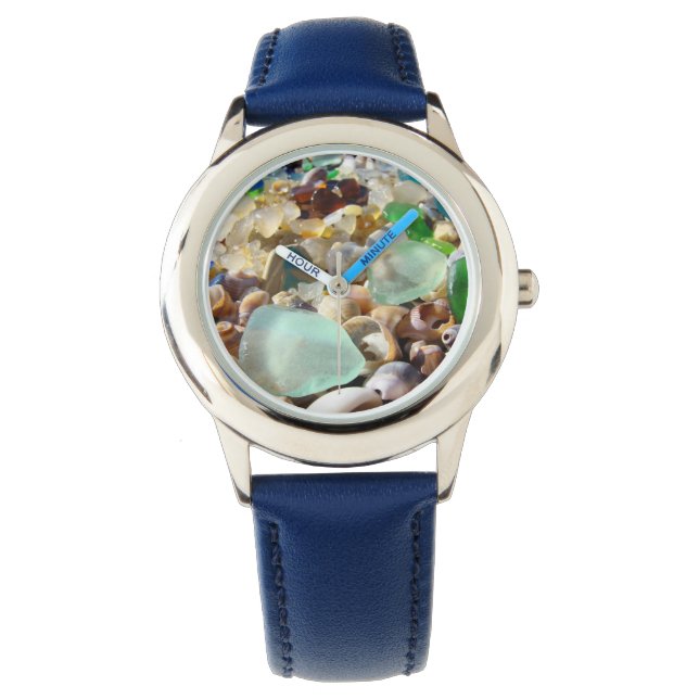 Blue Seaglass Horloges op maat Zeeen glazen schelp (Voorkant)