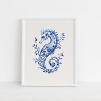 Blue Seahorse – Coastal Blue op Beige Wall Art