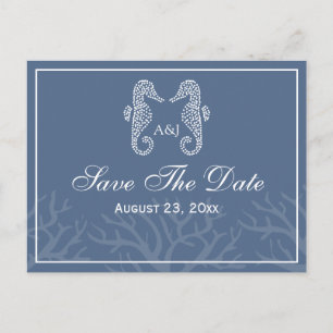 Blue Seahorse Monogram Save the Date Briefkaarten