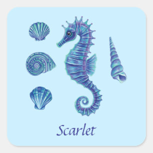  Blue Seahorse & Seashells Vierkante Sticker