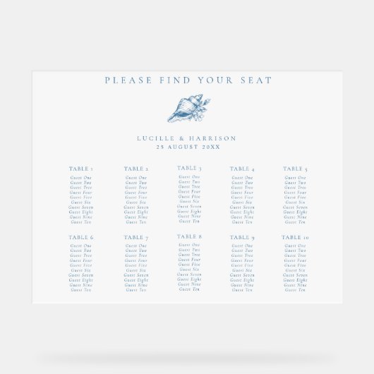 Blue Seashell Beach Mariage 10 Tables Plan de sièg (Recto)