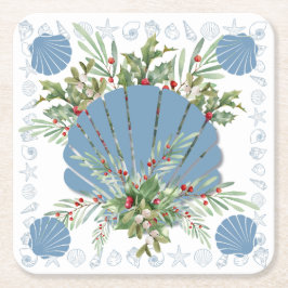 Blue Seashell Coastal Christmas Vierkante Kartonnen Onderzetter