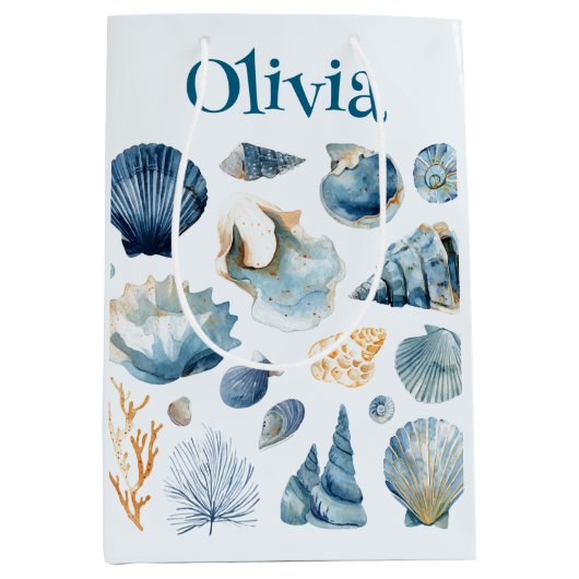 Blue Seashell Gift Bag | Custom Name Medium Cadeauzakje (Voorkant)