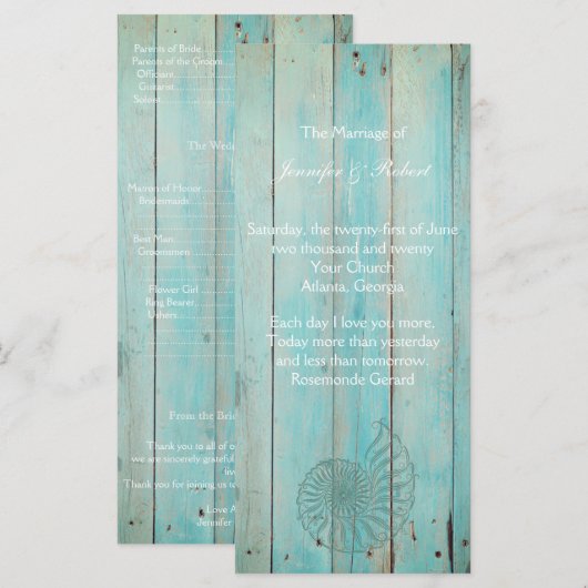 Blue Seashell op Wood Beach bruiloft programma (Voorkant / Achterkant)