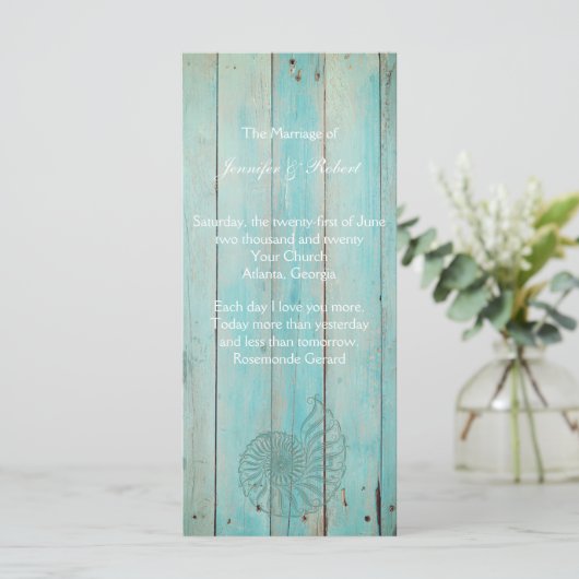 Blue Seashell op Wood Beach bruiloft programma (Staand voorkant)