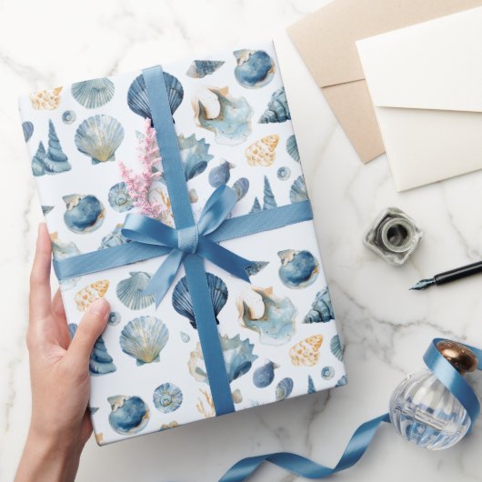Blue Seashell Summer Wrapping Paper  Cadeaupapier (Geschenken)