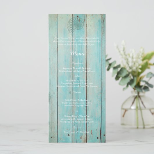 Blue Seashell sur Wood Beach Menu de mariage (Debout devant)