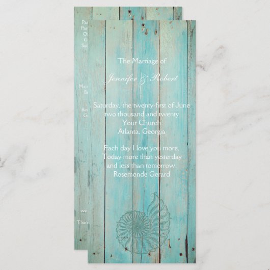 Blue Seashell sur Wood Beach Programme de mariage (Devant / Derrière)