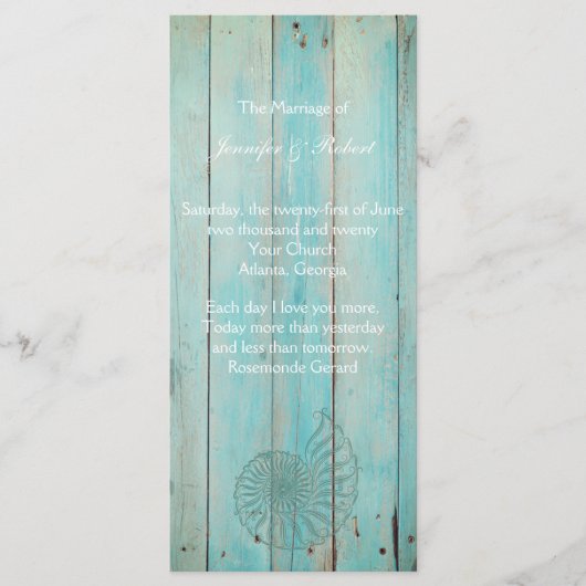 Blue Seashell sur Wood Beach Programme de mariage (Devant)